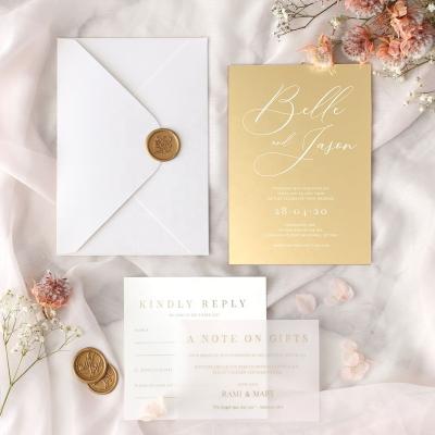 China Europe Acrylic Frame Gold Mirror Wedding Invitation Suite with Optional Vellum Jacket and Metallic Applique for sale