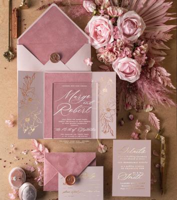 China Cute Europe Blush Pink Velvet Wedding Invitations with Trifold Cover for Elegant White Ink Card Suite and Gold Acrylic Detail Card for sale