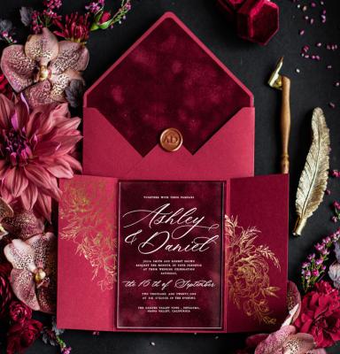 China Europe Sweden Burgundy Wedding Invitations Luxury Elegant Trifold Velvet Invitation Kit With Clear Acrylic Invitation Card Inside for sale