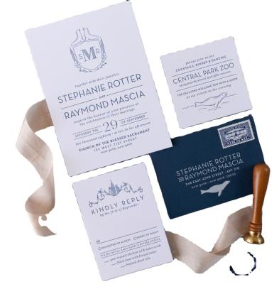 China Europe Navy Blue Classic Letterpress Printing Wedding Invite Sets Custom Invitations with Wedding Detail Card and RSVP Card for sale