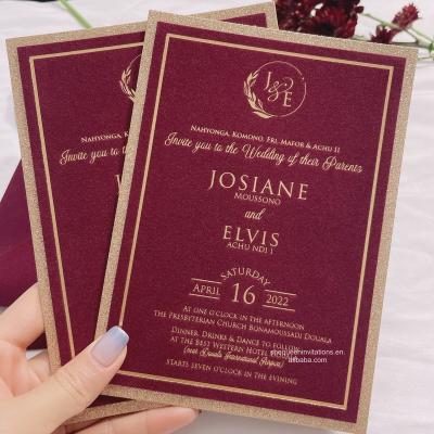 China Classic Europe Burgundy Velvet Wedding Invitation Card with Gold Color Glitter Coating Envelope for sale