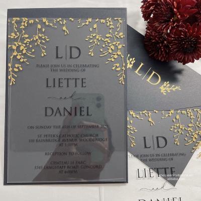 China Europe Gold and Black Foiling Acrylic Wedding Invitations Leaves Design with Initial Personality Logo on Envelope Flap for sale