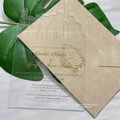 China Creative Europe Laser Cut Clear Shape Acrylic Card Edge Building Wedding Invitations With Warm Stamp Printing Velvet Envelope for sale