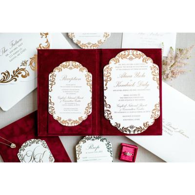 China Europe Pocket Fold Wedding Invitation Cards Die Cut Personalization Luxury Velvet Cover Form Inside Card With Gold Foiling for sale