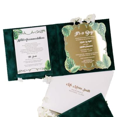 China Gold Dark Green Mirror Wedding Invitations Hardcover Europe Acrylic Velvet Map with Gatefold Pocket Cover and RSVP Inside for sale