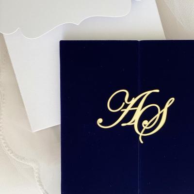 China Royal Europe Blue Velvet Invitations Door Opening Hardcover Wedding Incentive Card with Laser Cut Acrylic Initial Tag for sale