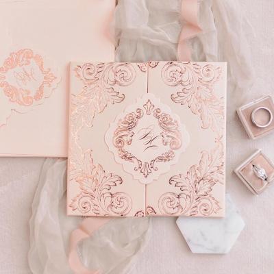 China Europe Open Door Luxury Aluminum Folded Hardcover Book Invitation Card with Rose Gold Customized Monogram Tag and 3D Envelope for sale