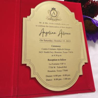 China Luxury Europe Burgundy Velvet Wedding Invitation Hardcover Book Pocket Fold with Gold Mirror Acrylic Invitation Card Inside for sale