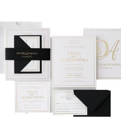 China Europe Australia Cotton Paper Wedding Invitation Card White Gold Foil Invite Suite with Pocket Envelope and Belly Wrap for sale