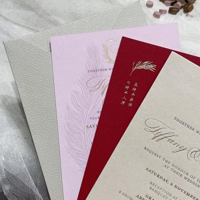 China Europe Chinese Style Impress Wedding Invitations Letterpress Cotton Paper Cards Gold Foil Cards Invite Kit With Texture Envelope for sale