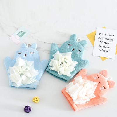 China EXFOLIATE special cute design double-sided towel bathing gloves for kids household baby bath rubbing glove for shower toy for sale