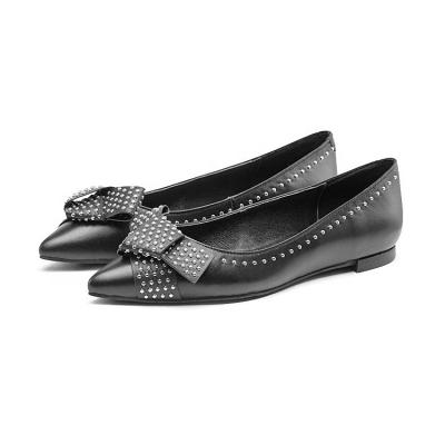 China Insulative fashion brand new ladies rivet elegant bow soft genuine leather pointed flat shoes for sale