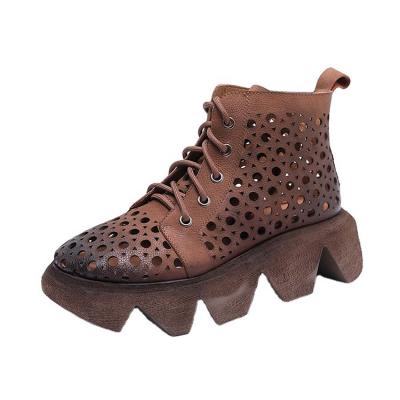 China Retro handmade casual leather lace round up women's shoes 2020 spring and thick bottom slope summer new with ethnic wind hollow sandals for sale