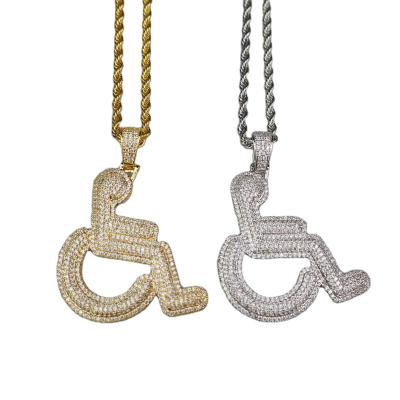 China Hiphop Wheelchair Handicap Sign Necklace Pendant Gold Color Charm Cubic Zircon Mens Hip Hop Rock Jewelry for sale