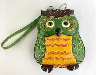 China Fashion Owl Leather Zippered Coin Purse Handcrafted Change Pocket Purse Wrist Clutch with Key Ring for Women for sale