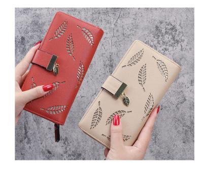 China Fashion Long Waterproof Clutch Bag Hollowing Out Leaf Zipper Sequined Decorative Latch Women Clutch Leather Wallet for sale