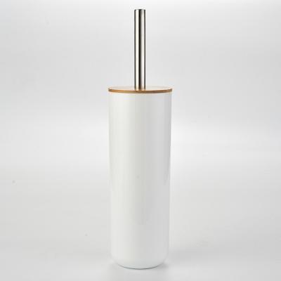 China Sleek Sleek White Plastic PS Toilet Brush Holder With Natural Bamboo Lid And Stainless Steel Handle for sale