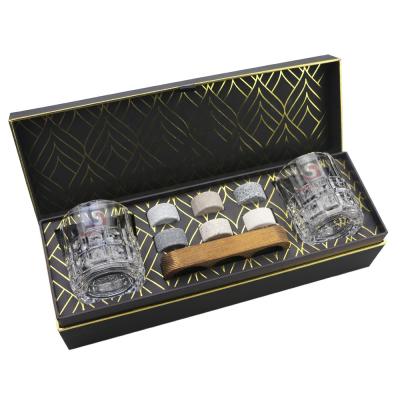 China Viable Whiskey Stones Cooling Gift Set 6 Handcrafted Premium Granite Round Rock 2 Crystal Superior Glasses Gold Foil Sipping Gift Box for sale