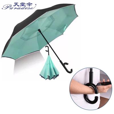 China Paradise Logo Pattern Printed Inverted Umbrellas Traditional Custom C-Shaped Double Handle Reverse Umbrellas for sale