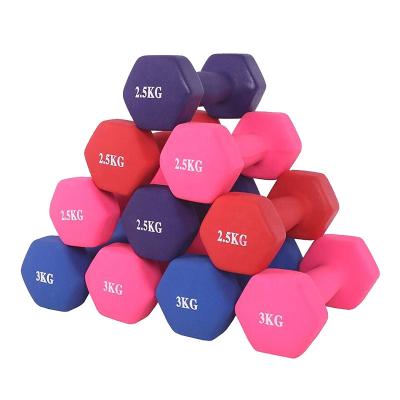 China Colorful Custom Fitness Yoga Workout Solid Cast Neoprene Hex Non-Slip Waterproof Dip Dumbbells Set For Women for sale