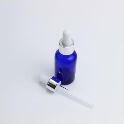 China Cosmetic Din 18/415 Smooth Aluminum Dropper Glass Pipette Silver Cap With 30ml Essential Oil Bottles for sale