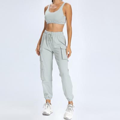 China Breathable Sports Active Bra Wear Women Sweatpants Solid Side Pockets Sweat Tracksuit Joggers Pant Suits Set for sale