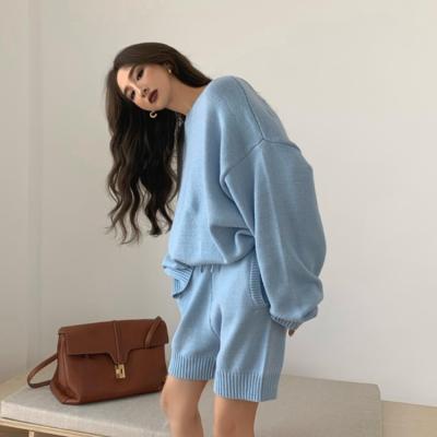 China Breathable Oversized Sweater Shorts Knitted 2 Piece Sets Clothing Women Knit Sweater Shorts Costume for sale