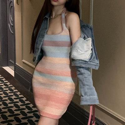 China Anti-Static Backless Sleeveless One Piece Dress Colorful Halter Neck Sling Knit Dress for sale