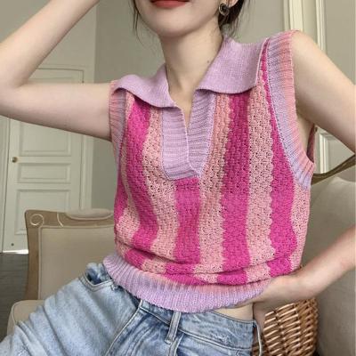 China Stripe Color Block Anti-pilling Knitting Tank Top Polo Collar Top Vest Sleeveless T-shirt for sale