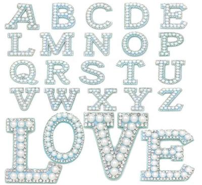 China Other 26 Alphabet Bead Letter Rhinestone Iron On Patches Applique Handmade 3D DIY Bead Letter Patches Garment Apparel Embellishment for sale