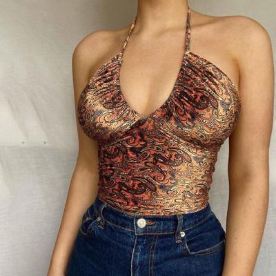 China Dropshipping Y2K Anti-Shrink Halter Tank Top Women Print Sexy Deep V-Neck Summer Camisole Elastic Skinny Fashion Camisole Wild Vest for sale