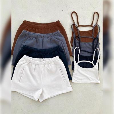 China Dropshipping Breathable Wholesale Backless Crop Top Rib Knit Halter Camisole Top And ShortsTwo Piece Pants Set Women Clothing for sale