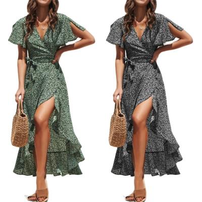 China Anti-Static Drop Shipping Plus Size Floral Print Draped Deep V-Neckline Dresses Vintage Ruffle Sleeve Slit Midi Women Chiffon Slim Dress for sale