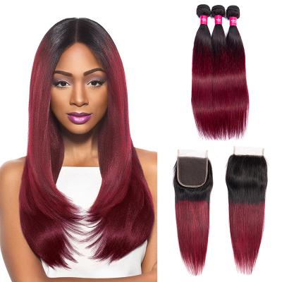 China Wholesale Two Tone 1B/99# Body Wave Hair 3 Pcs Straight And Body Wave Weave With Closure Ombre Lace Colored Burgundy Hair Bundles With Closure for sale