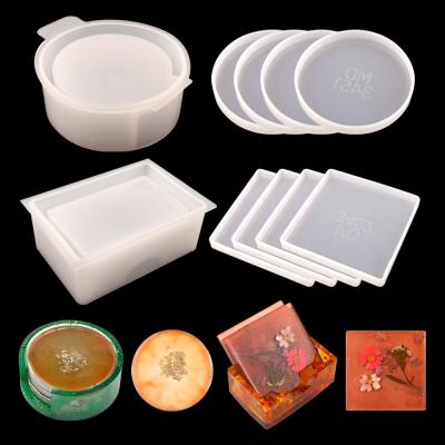 China 4PCS Workable Round Rectangular Silicone Coaster Resin Molds Set With Stand Coaster Storage Box Silicon Mold For DIY Craft DM186 for sale