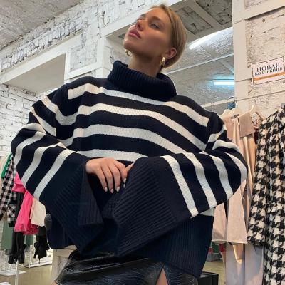 China Kliou W21L07516 Sustainable Loose Knitted Sweaters Women Tops Turtle Neck Long Sleeve Striped Women's Sweaters for sale