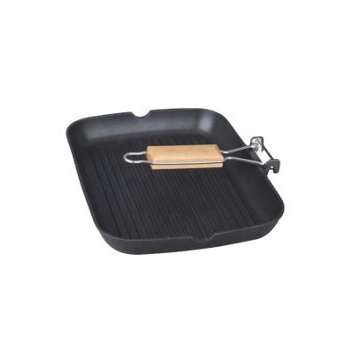 China Non viable grill Pan Cast Aluminum Square Grill Pan With Folding Wooden Handle stick camping for sale