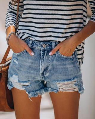 China 2020 Europe and America breathable summer loose buttons ripped fringed jeans shorts hot pants women for sale