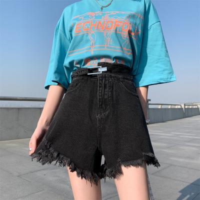 China High Waist Anti-Static Jeans Shorts Buckle Decoration Loose Summer Hand Brush Ripped Hole Burr Edge Unique Black Hot Line One Pants Women for sale