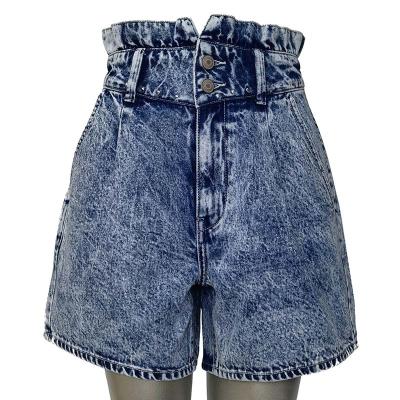 China 2022 Best Style Summer Hot Women Breathable Elastic Waistband Denim Shorts Ruffled Denim Shorts- High Waist for sale