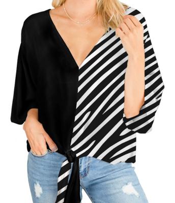 China Anti-wrinkle personalized black and white striped fashion knotted upper bottom crop women ladies blouse quick-drying for sale