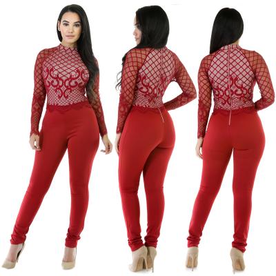 China QUICK DRY See-though Red Color Lace Romper High Waisted Jumpsuits Women Long Sleeve Zipper Embroidered One-Piece For Spring 1pc/opp bag for sale