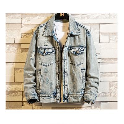 China Wholesale Existing Mens Coat Oversized Loose Distress QUICK DRY Ripped Plus Size Vintage Style Korean Cotton Mens Fashionable Denim Jacket for sale