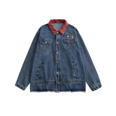 China QUICK DRY Autumn Oversize Contrast Neckline Raw Edge Denim Jacket Couples Dress Casual Lover's Fashion Men's Denim Coat Tops for sale