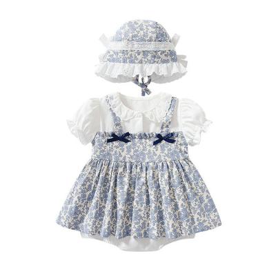 China Summer Washable Custom Girls Dress Mini Floral Loose Two Piece Hat Set 100% Cotton Baby Kids Dresses For Girl for sale