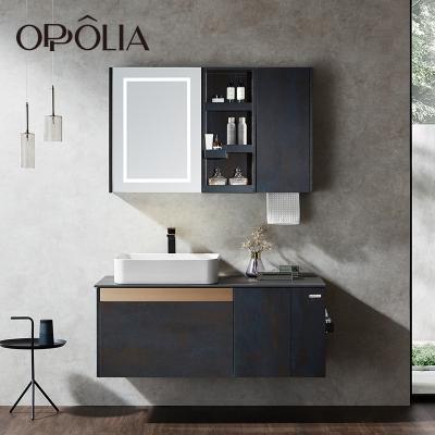 China OPPOLIA Modern Waterproof Storage Design HPL Bathroom Set Mirror Sink Bathroom Cabinet With Quartz Vanity Countertop for sale