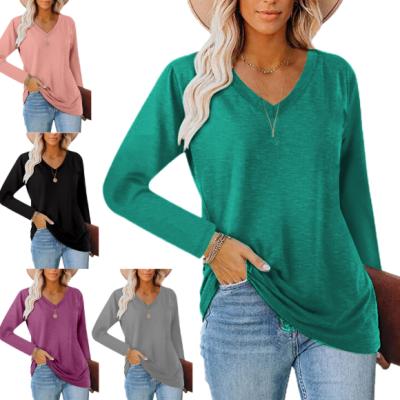 China zm62279c breathable fashion loose women's long sleeve clothing women's T-shirt V-neck pure color concise style for sale