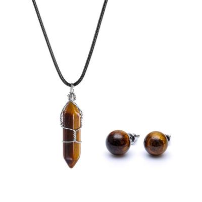 China New Big Promotion Stylish Tiger Eye Natural Stone Bullet Necklace Earrings Jewelry Set for sale