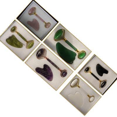 China Silver Frame Color 2 in 1 Natural Jade Roller and Gua Sha Set for Facial Massage for sale