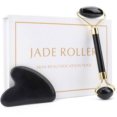 China Box OEM Natural Quartz Gua Sha Stone Black Obsidian Jade Guasha Massage Roller for Facial Skincare Tool Set for sale